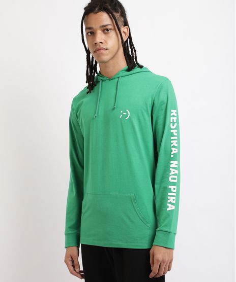 Camiseta-Masculina--Respira-Nao-Pira--com-Bolso-e-Capuz-Manga-Longa-Verde-9959849-Verde_1