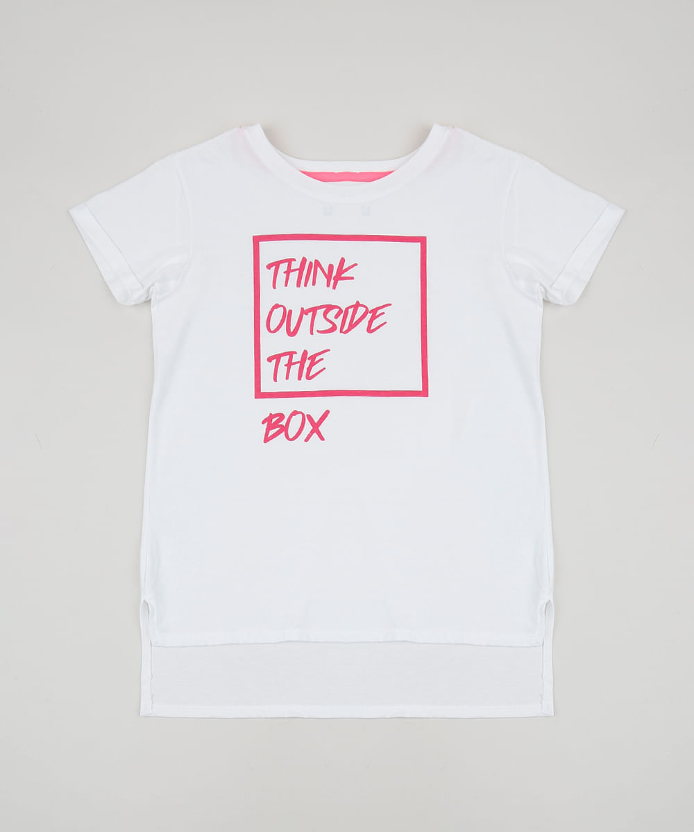 Blusa Juvenil "Think Outside The Box" Manga Curta Decote Redondo Branca