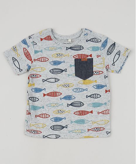 Camiseta-Infantil-Estampada-de-Peixes-com-Bolso-Manga-Curta-Cinza-9947890-Cinza_1
