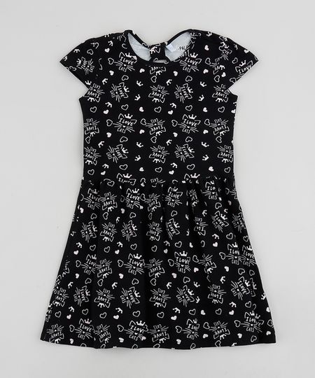 Vestido-Infantil-Estampado-de-Gatinhos-Manga-Curta-Preto-9961597-Preto_1