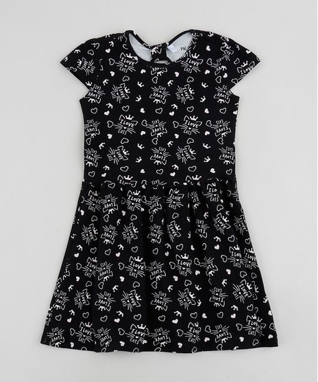 Vestido-Infantil-Estampado-de-Gatinhos-Manga-Curta-Preto-9961597-Preto_1