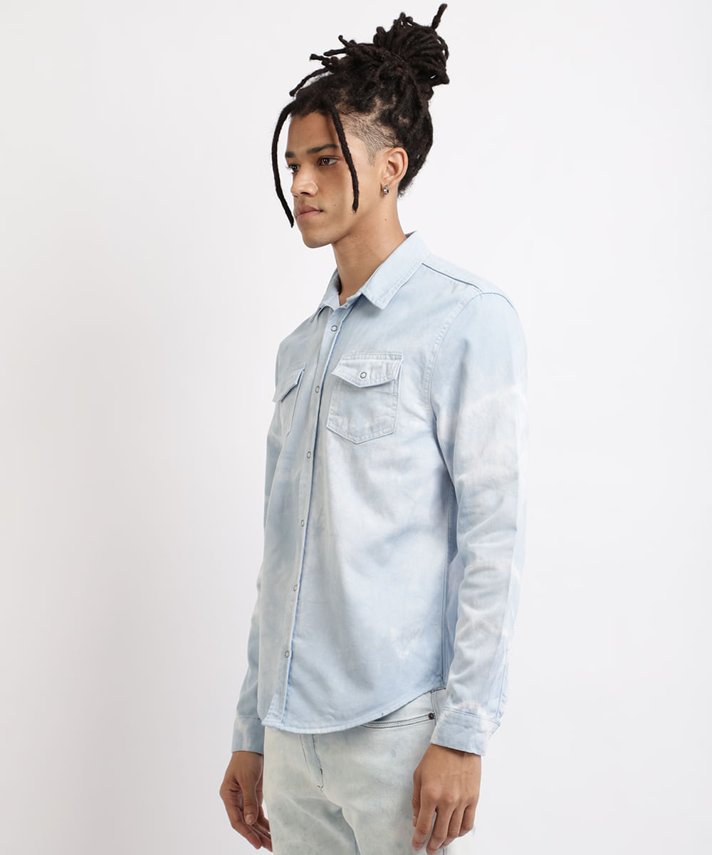 Camisa Jeans Masculina Comfort Estampada Tie Dye Manga Longa Azul