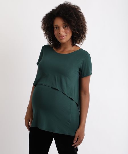Blusa-Feminina-Gestante-Alongada-com-Sobreposicao-Manga-Curta-Verde-Escuro-9956014-Verde_Escuro_1
