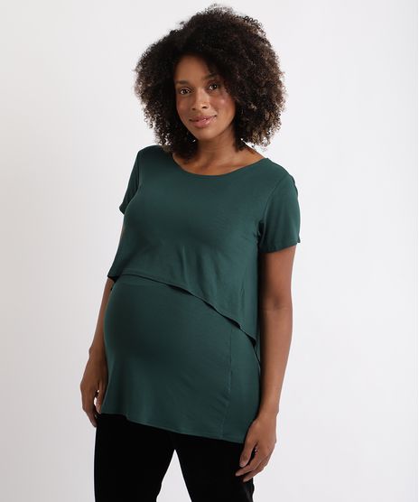 Blusa-Feminina-Gestante-Alongada-com-Sobreposicao-Manga-Curta-Verde-Escuro-9956014-Verde_Escuro_1