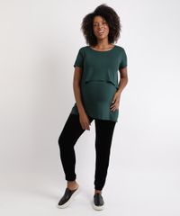 Blusa-Feminina-Gestante-Alongada-com-Sobreposicao-Manga-Curta-Verde-Escuro-9956014-Verde_Escuro_3