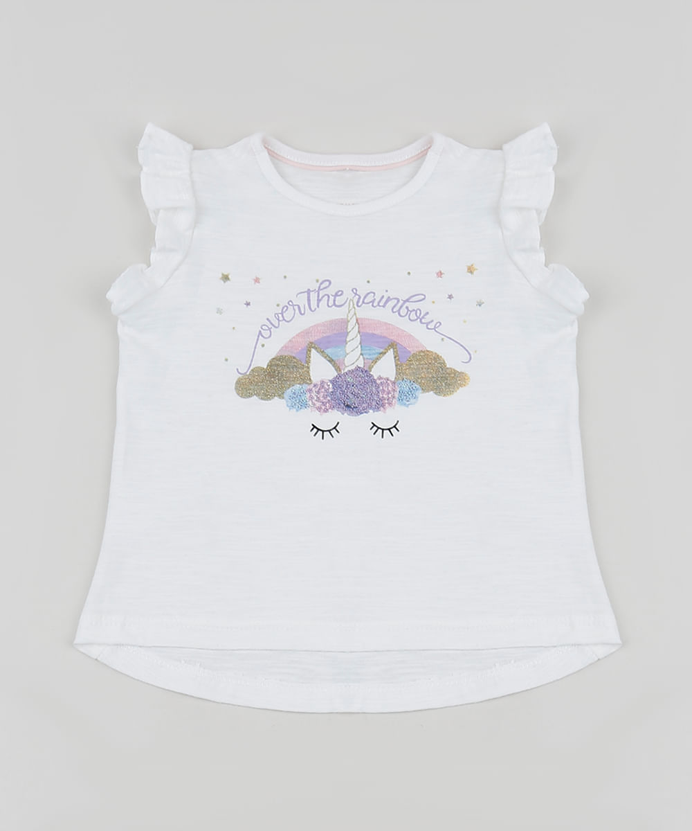 Blusa Infantil Unicórnio com Brilho e Babados Manga Curta Off White