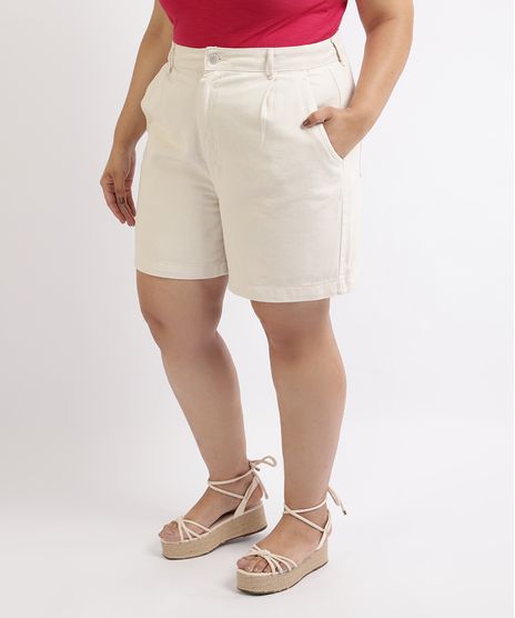 Bermuda-de-Sarja-Feminina-Plus-Size-Cintura-Alta-com-Bolsos-e-Pregas-Off-White-9959825-Off_White_1