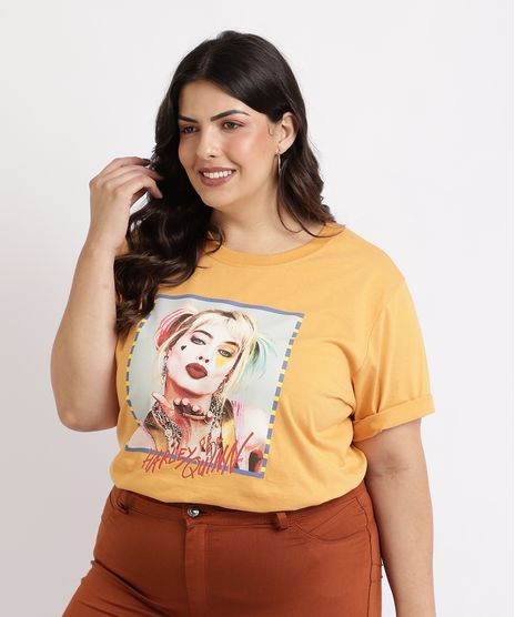 Blusa-Feminina-Plus-Size-Arlequina-Manga-Curta-Decote-Redondo-Amarela-9960042-Amarelo_1