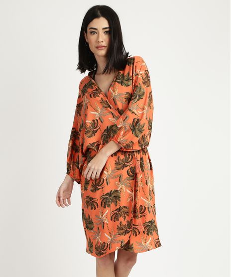 Vestido-Feminino-Curto-Transpassado-Estampado-Coqueiro-com-Faixa-para-Amarrar-Manga-Bufante-Laranja-9950865-Laranja_1