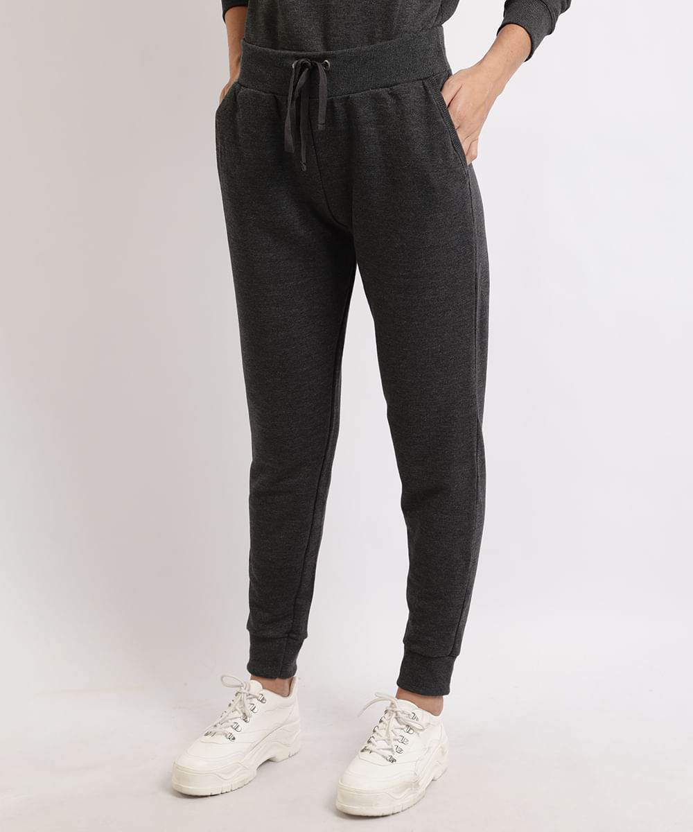 Calça de Moletom Feminina Básica Jogger Cintura Média com Bolsos Cinza Mescla Escuro