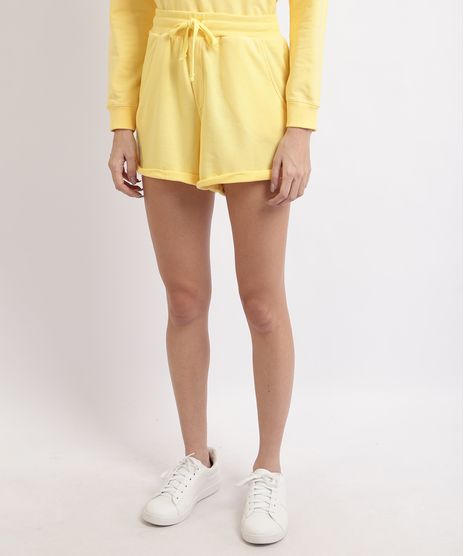 Short-de-Moletom-Feminino-Basico-Cintura-Alta-com-Barra-Dobrada-Amarelo-Claro-9950156-Amarelo_Claro_1