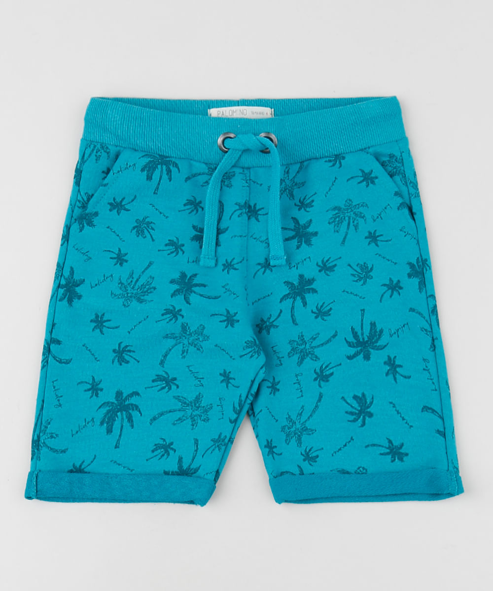 Bermuda de Moletom Infantil Estampada de Coqueiros Azul