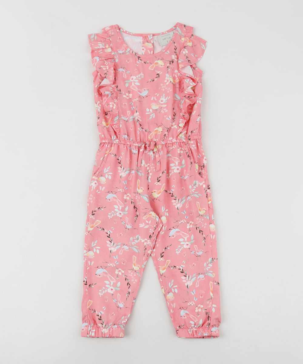 Macacão Infantil Longo e Estampado Floral Manga Curta Rosa - cea