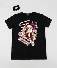 Blusa-Juvenil-Stranger-Things-Manga-Curta-Decote-Redondo---Elasticos-de-Cabelo-Scrunchie-Preta-9956939-Preto_1