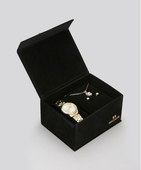 Kit-de-Relogio-Analogico-Seculus-Feminino---Colar---Brinco---20425LPSVDA1K-Dourado-8755521-Dourado_1
