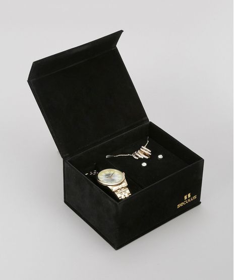 Kit-de-Relogio-Analogico-Seculus-Feminino---Colar---Brinco---20415LPSVDA1K-Dourado-8755437-Dourado_1