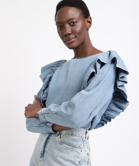 Blusa-Jeans-Feminina-Mindset-com-Babados-Manga-Longa-Decote-Redondo-Azul-Claro-9963098-Azul_Claro_1