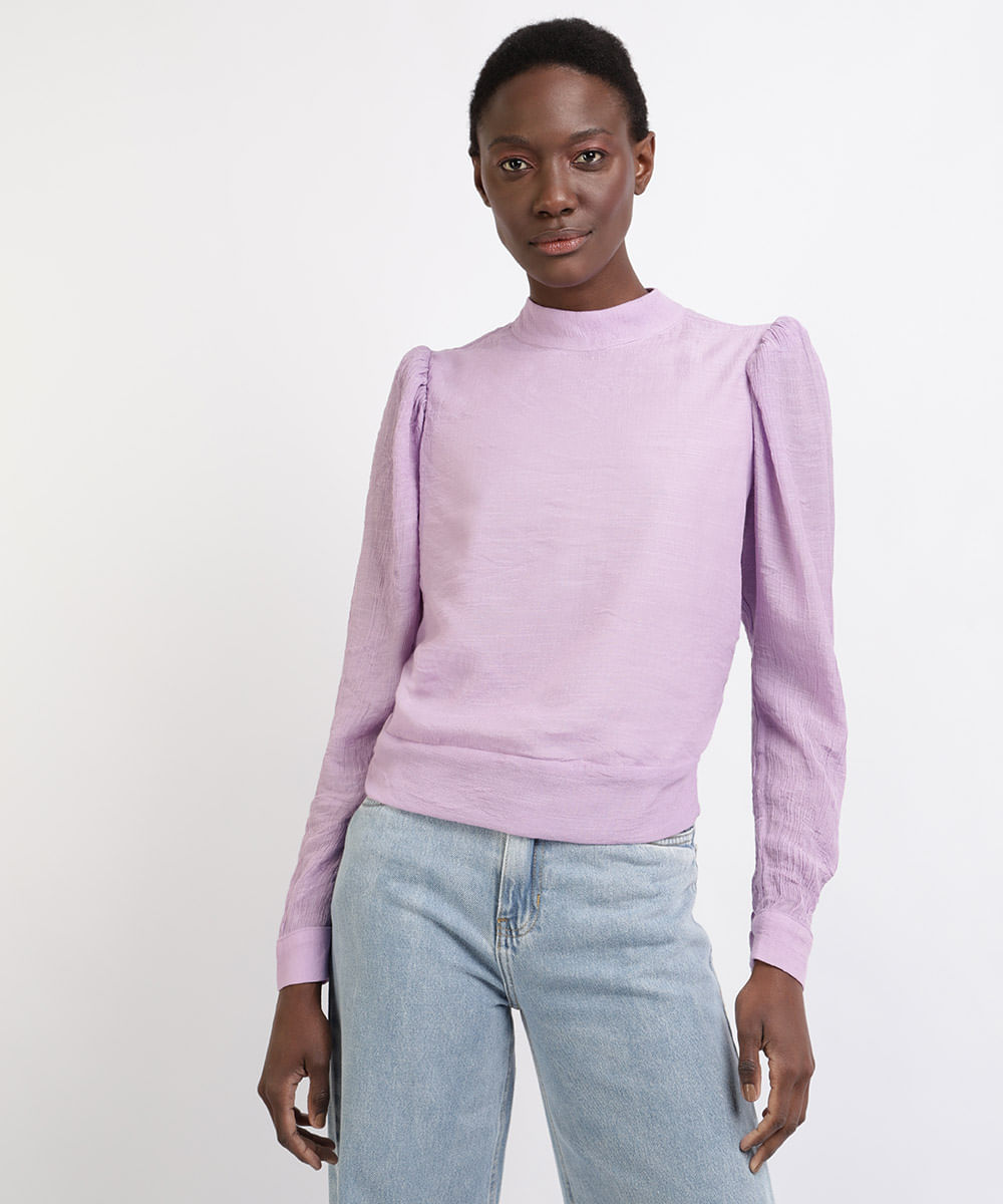 Blusa Feminina Mindset Texturizada com Abertura e Amarração Manga Bufante Decote Redondo Lilás
