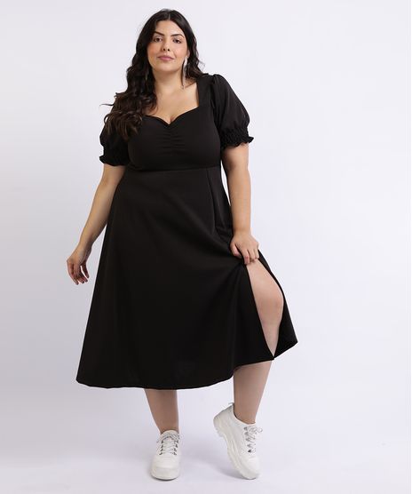 Vestido-Feminino-Mindset-Plus-Size-Midi-com-Fenda-Decote-Coracao-Manga-Curta-Bufante-Preto-9962172-Preto_1