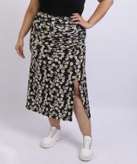 Saia-Feminina-Mindset-Plus-Size-Midi-Estampada-Floral-de-Margarias-com-Fenda-Preta-9962194-Preto_1
