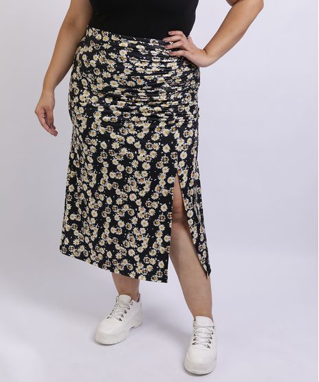 Saia-Feminina-Mindset-Plus-Size-Midi-Estampada-Floral-de-Margarias-com-Fenda-Preta-9962194-Preto_1