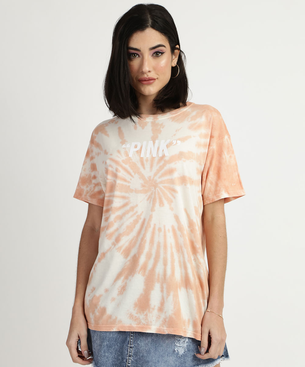 Blusa Feminina "Pink "Estampada Tie Dye Manga Curta Decote Redondo Rosa