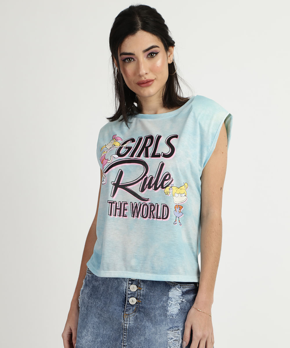 Regata Muscle Tee Feminina Estampada Tie Dye "Girls Rule The World" Decote Redondo Azul