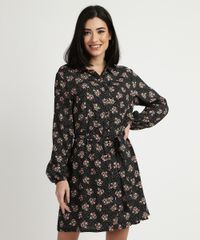 Vestido-Chemise-Feminino-Estampado-Floral-Manga-Longa-Gola-Esporte-Preto-9893778-Preto_1