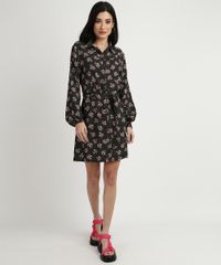 Vestido-Chemise-Feminino-Estampado-Floral-Manga-Longa-Gola-Esporte-Preto-9893778-Preto_3