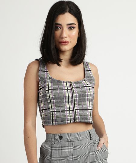 Regata-Feminina-Cropped-Estampada-Xadrez-com-Ziper-Amarelo-Claro-9953421-Amarelo_Claro_1