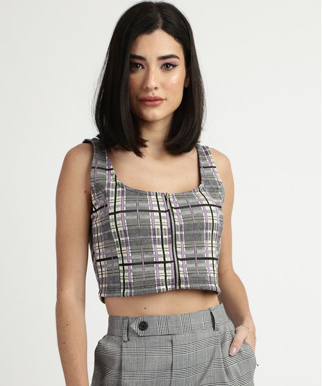 Regata-Feminina-Cropped-Estampada-Xadrez-com-Ziper-Amarelo-Claro-9953421-Amarelo_Claro_1