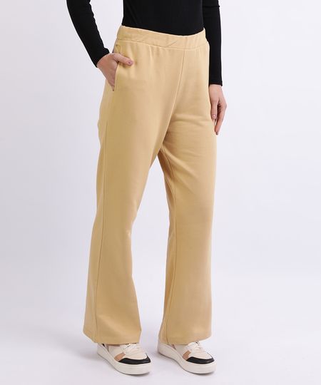 Calça de Moletom Feminina Pantalona Cós com Elástico Bege - ceacollections