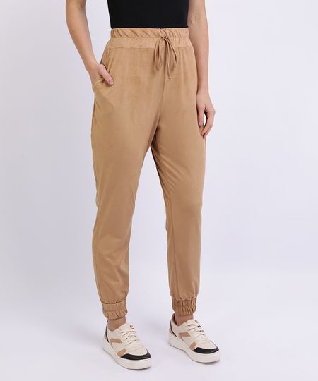 Calça Feminina Jogger em Suede Cintura Alta Cós com Cordão Bege - G Menor preço em Calça Feminina Jogger em Suede Cintura Alta Cós com Cordão Bege - G
