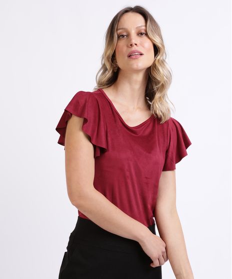 Blusa-Feminina-de-Suede-Manga-Curta-com-Babados-Decote-Redondo-Vermelho-Escuro-9943310-Vermelho_Escuro_1