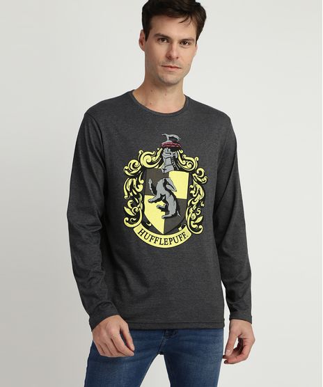 Camiseta-Masculina--Hufflepuff--Harry-Potter-Manga-Longa-Gola-Careca-Cinza-9957540-Cinza_1