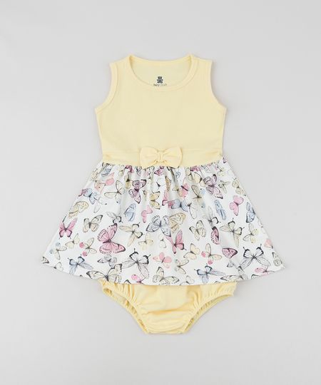 Vestido-Infantil-com-Laco-Estampado-de-Borboletas-sem-Manga-Decote-Redondo---Calcinha--Amarelo-9958883-Amarelo_1