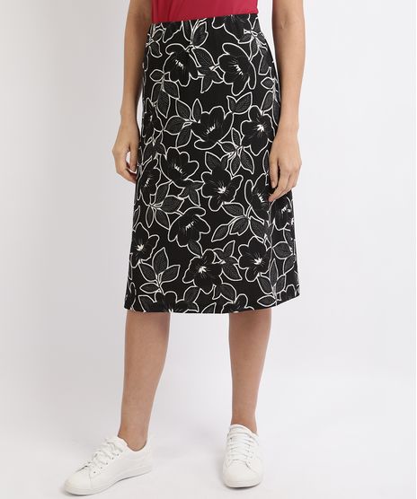 Saia-Feminina-Midi-Estampada-de-Folhagem-Preta-9946259-Preto_1