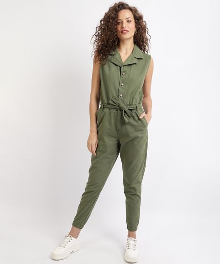 Macacao-de-Sarja-Feminino-Jogger-Sem-Manga-com-Faixa-para-Amarrar-Verde-Militar-9960705-Verde_Militar_1