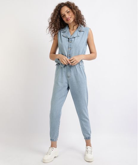 Macacao-Jeans-Feminino-Jogger-Sem-Manga-com-Faixa-para-Amarrar-Azul-Claro-9960711-Azul_Claro_1