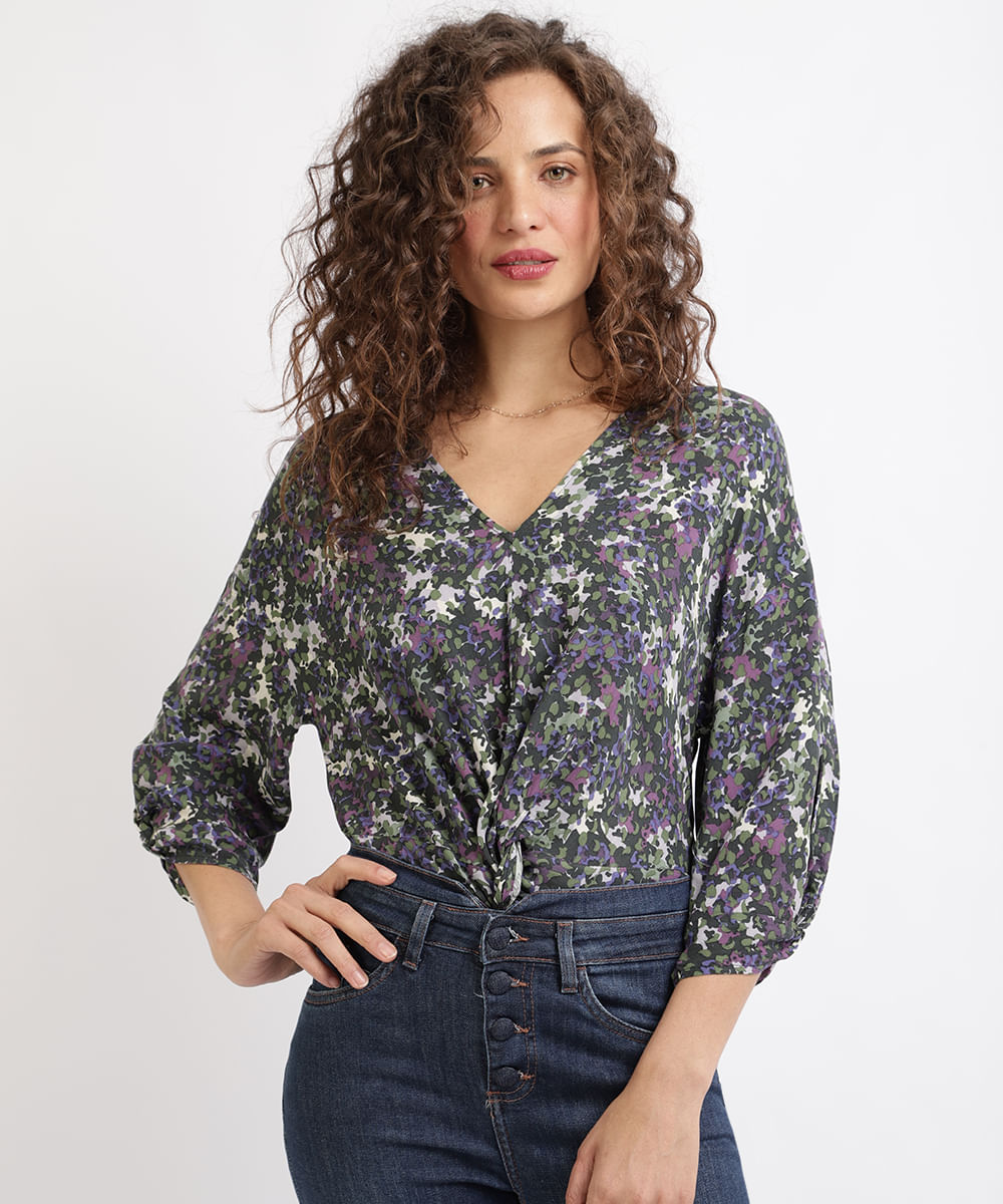 Blusa Feminina Estampada Manga Longa Decote V Multicor