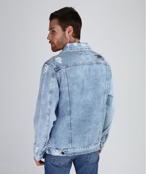 jaqueta jeans com puídos masculina
