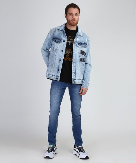 jaqueta jeans masculina com puidos