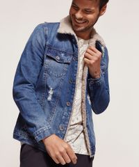 Jaqueta Jeans Masculina com Pelo Lateral
