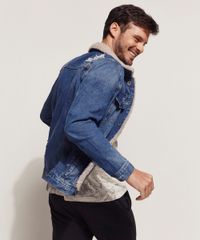 Jaqueta Jeans Masculina com Pelo Visão Lateral
