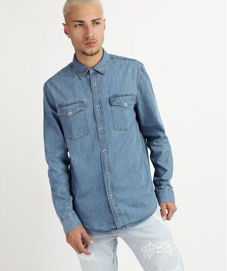 camisa de manga comprida jeans masculina