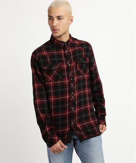 Camisa-Masculina-Tradicional-em-Flanela-Estampada-Xadrez-com-Bolsos-Manga-Longa-Vinho-9826254-Vinho_1