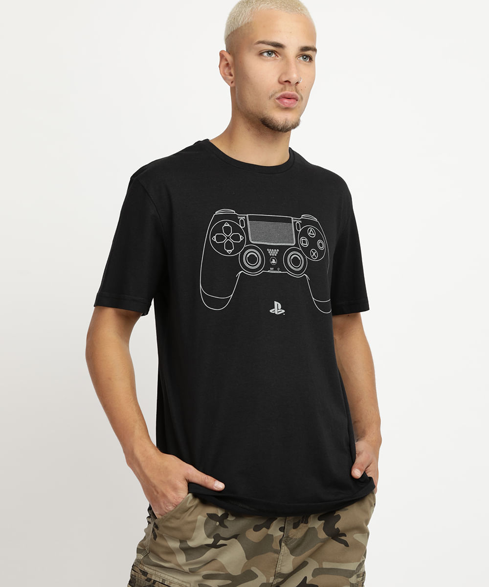 Camiseta Masculina Controle Playstation Manga Curta Gola Careca Preta
