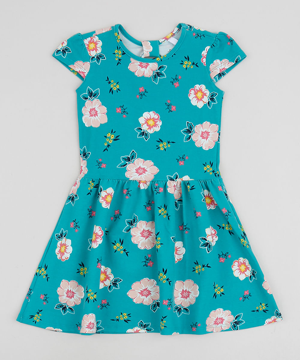 Vestido Infantil Estampado Floral Manga Curta  Verde