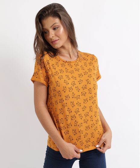 Blusa-Feminina-Estampada-de-Gatos-Manga-Curta-Decote-Redondo-Amarela-9705932-Amarelo_1