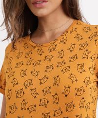Blusa-Feminina-Estampada-de-Gatos-Manga-Curta-Decote-Redondo-Amarela-9705932-Amarelo_2
